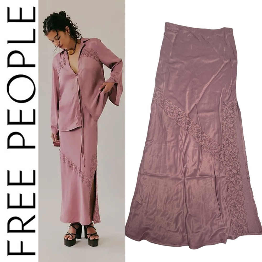 NWOT Free People Lucia Silky Midi Slip Skirt w/Lace Trim Dusty Rose xs